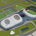 Aerial View Of Modern Sports Complex With Unique Architecture And Fields