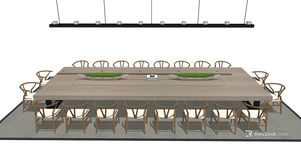 Modern Wooden Conference Table With Surrounding Chairs And Green Plant Decor 3d model 