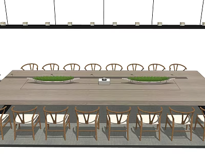 Modern Wooden Conference Table With Surrounding Chairs And Green Plant Decor 3d model