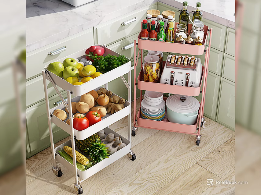 Multi Tiered Rolling Storage Racks For Kitchen Fruits Vegetables Condiments And Cookware 3d model 