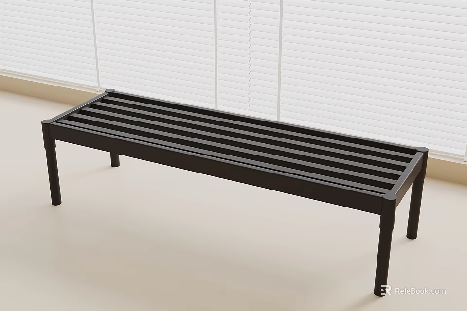 Black Slatted Bench With Light Colored Floor In Room With White Blinds 3d model 