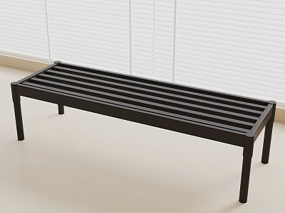 Black Slatted Bench With Light Colored Floor In Room With White Blinds 3d model