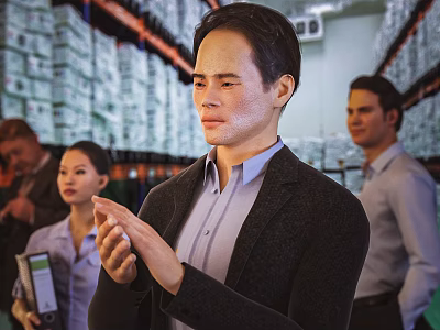 Man Applauding in Warehouse with Colleagues and Shelves Full of Boxes 3d model