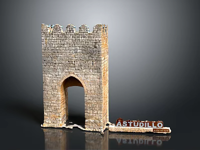 Medieval Stone Tower Structure With Crenellated Top Archway And Studio Sign 3d model