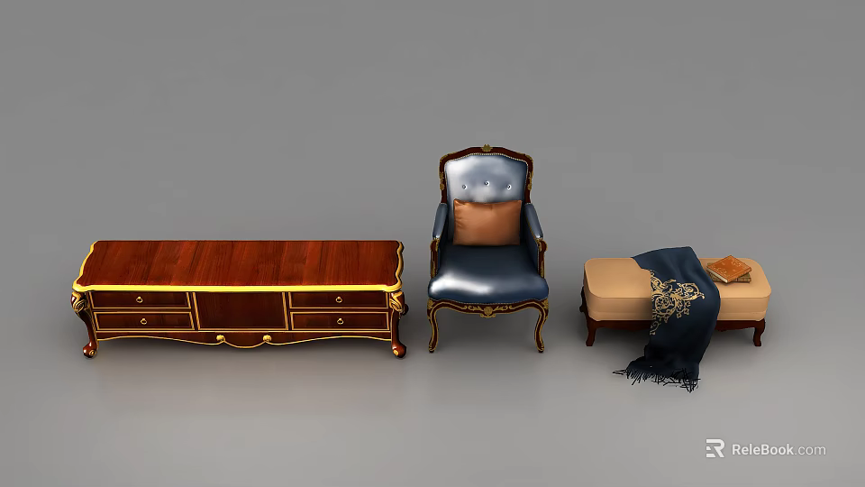 Blue Leisure Chair With Gold Accents Orange Cushion Wooden Coffee Table And Beige Bench 3d model 