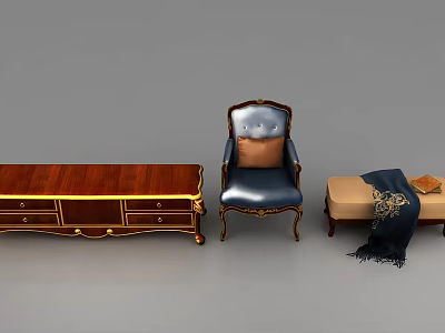 Blue Leisure Chair With Gold Accents Orange Cushion Wooden Coffee Table And Beige Bench 3d model