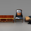 Blue Leisure Chair With Gold Accents Orange Cushion Wooden Coffee Table And Beige Bench