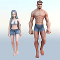 Two Characters Walking Shirtless Male and Female in White Sports Bra and Denim Shorts