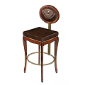 Wooden Leisure Bar Stool With Brown Leather Seat Round Carved Backrest And Golden Metal Ring