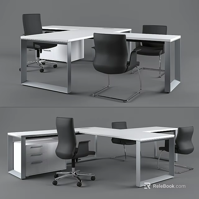 Modern Office Desk and Chair Set With White Tabletop Black Seats and Metal Frame 3d model 