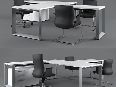 Modern Office Desk and Chair Set With White Tabletop Black Seats and Metal Frame 3d model