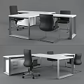 Modern Office Desk and Chair Set With White Tabletop Black Seats and Metal Frame