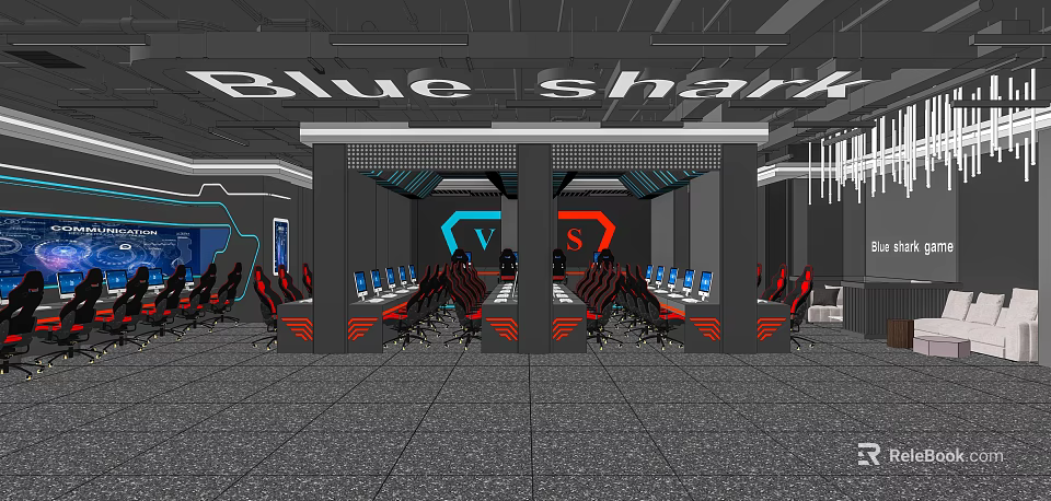 Blue Shark Esports Internet Cafe With Gaming Computers And Comfortable Seats 3d model 