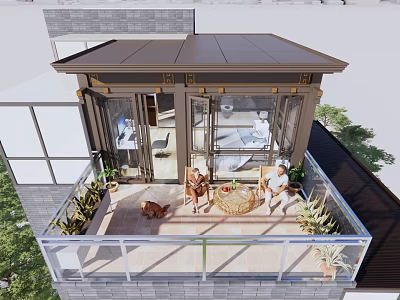 Modern Balcony Outdoor Space With People Table Chairs Plants Glass Railing And Dark Roof 3d model