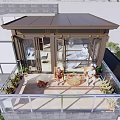Modern Balcony Outdoor Space With People Table Chairs Plants Glass Railing And Dark Roof