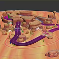 Colorful 3D Landscape With Red Rock Formations Winding Purple Paths And Green Plants