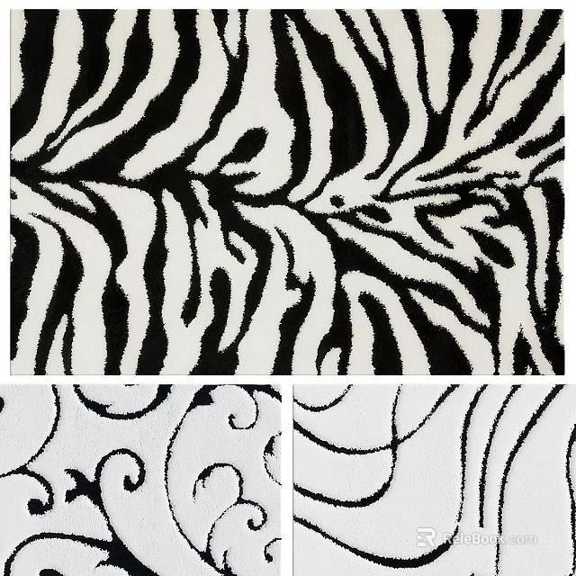 Black And White Square Rug With Zebra Pattern And Decorative Curves Design 3d model