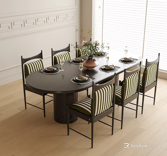 Modern Dining Room Interior With Round Black Table And Striped Upholstered Chairs Flower Vase Tableware 3d model 