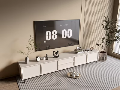 Modern White TV Stand with TV Decorations Clock and Plants in Living Room Interior 3d model