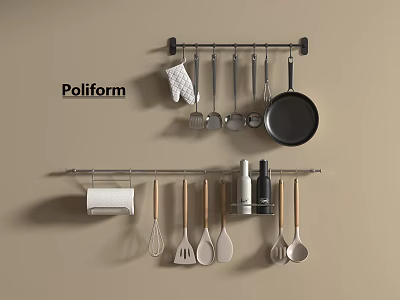 Stylish Poliform Kitchen Wall Mounted Utensils With Frying Pan Spatulas And Condiment Bottles 3d model