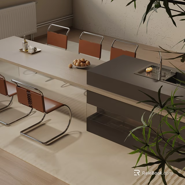 Modern Dining Table Set With Leather Chairs Metal Frame Fruits And Plant Decoration 3d model 