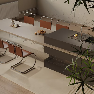 Modern Dining Table Set With Leather Chairs Metal Frame Fruits And Plant Decoration 3d model