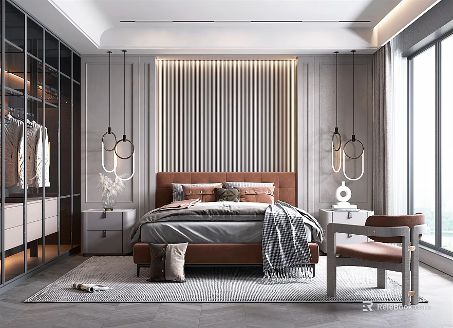Modern Bedroom Interior with Brown Headboard Nightstands Chandeliers and Large Windows 3d model 