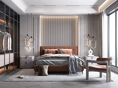 Modern Bedroom Interior with Brown Headboard Nightstands Chandeliers and Large Windows 3d model