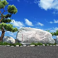 Large Stone Monument With Inscription Surrounded By Pine Tree And Small Stones