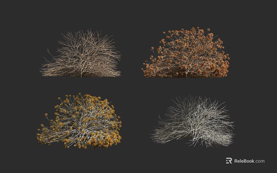 Various Shrubs with Seasonal Foliage and Bare Branches in Different Hues 3d model 