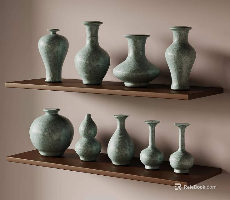 Multiple Turquoise Ceramic Vases in Various Shapes Displayed on Wooden Shelves 3d model 