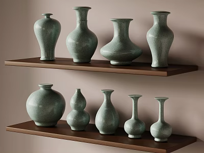 Multiple Turquoise Ceramic Vases in Various Shapes Displayed on Wooden Shelves 3d model