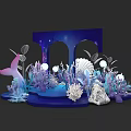 Underwater Themed 3D Artwork With Coral Seashell Blue Purple Elements And Glowing Orbs