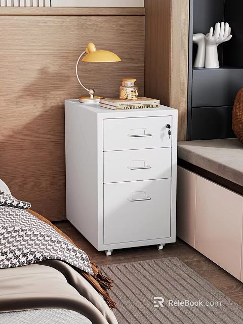 White Three Drawer Filing Cabinet With Lock Casters And Table Lamp In Room 3d model 