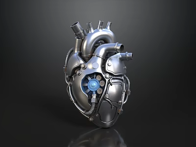 Smart Machine Mechanical Heart with Silver Metal Pipes Gears and Blue Glowing Component 3d model