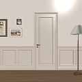 Flush Door in Home Interior with Beige Wall Decorative Paintings Wainscoting Floor Lamp and Wooden Floor