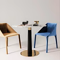 Modern Round Marble Top Table and Chair Set with Brown Blue Velvet Chairs