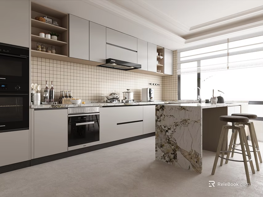 Modern Kitchen Interior Design With White Cabinets Marble Island Tile Backsplash And Stainless Steel Appliances 3d model 