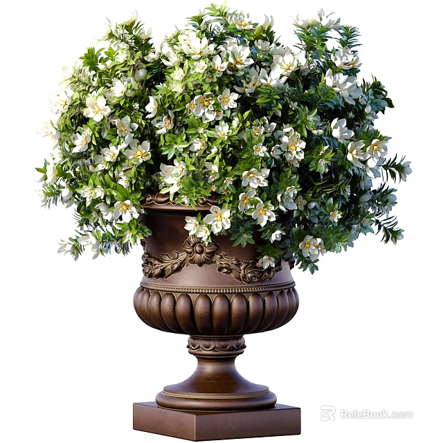 Bronze Colored Vase With Ornate Carvings Filled With Green Foliage And White Small Flowers 3d model 