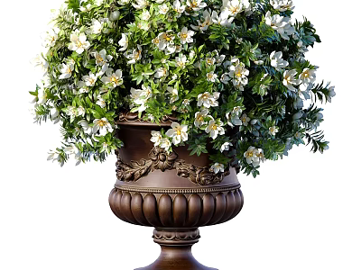 Bronze Colored Vase With Ornate Carvings Filled With Green Foliage And White Small Flowers 3d model
