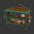 Turquoise Kitchen Cart With Shelves Holding Clay Pots Cups And Hanging Garlic