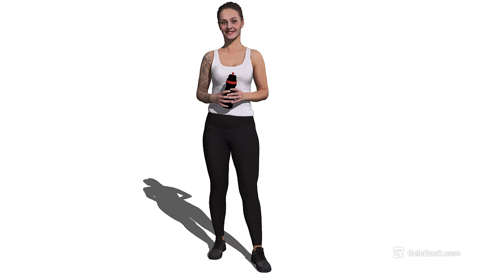 Woman Standing In White Tank Top And Black Leggings Holding Black Bottle Against White Background 3d model 