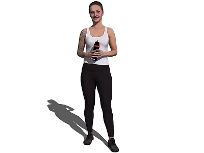 Woman Standing In White Tank Top And Black Leggings Holding Black Bottle Against White Background 3d model