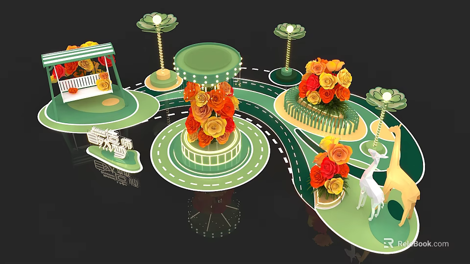 Floral Art Installation With Green Base Central Column Orange Red Flowers Deer And Lamp Decor 3d model 