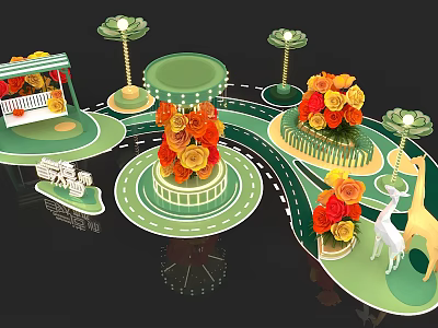 Floral Art Installation With Green Base Central Column Orange Red Flowers Deer And Lamp Decor 3d model