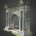 Classical Style Weathered Stone Entrance Gate with Columns Arched Doorway and Green Roof