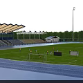 Football Stadium Field With Green Grass Pitch Blue Running Track Spectator Stands And Surrounding Trees