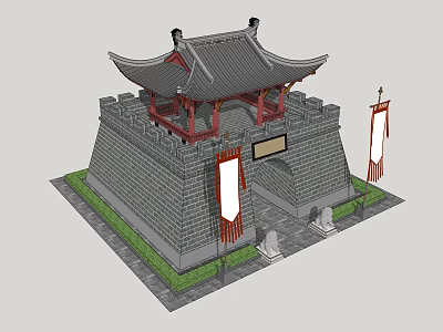 Traditional Chinese City Gate Tower With Gray Brick Walls Black Tiled Roof And Red Columns 3d model