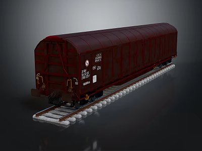 Dark Red Railway Train Car Standing on Railway Track with Metal Wheels 3d model
