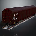 Dark Red Railway Train Car Standing on Railway Track with Metal Wheels